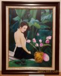 Tranh sơn dầu nghệ thuật, thiếu nữ bên hoa sen -S239